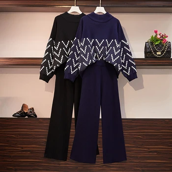 Naiste Kampsun Kaks Tööd Silmkoelised Komplekti Jacquard Tracksuit Stiilne Pullover 2021 Uus Kevad Crewneck Pikk Varrukas Ülevalt Lai Jalg Püksid